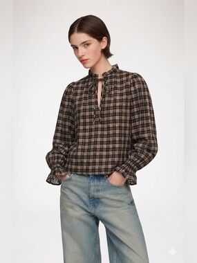GANNI Seersucker Check Long-Sleeve Blouse Size XS